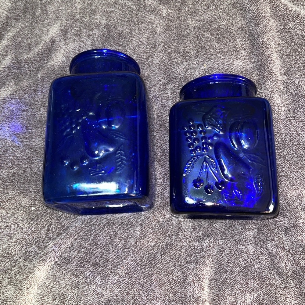 Cobalt Set of Blue Embossed Glass Jars fruit pattern 2 pieces
